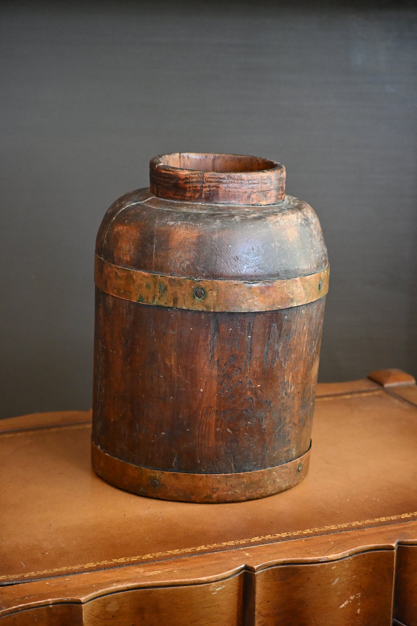 Large Wooden Barrel Vase with Copper Bands