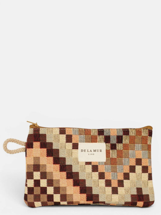 Small Makeup Bag / Coin Purse - Zigzag Jacquard Brown & Beige
