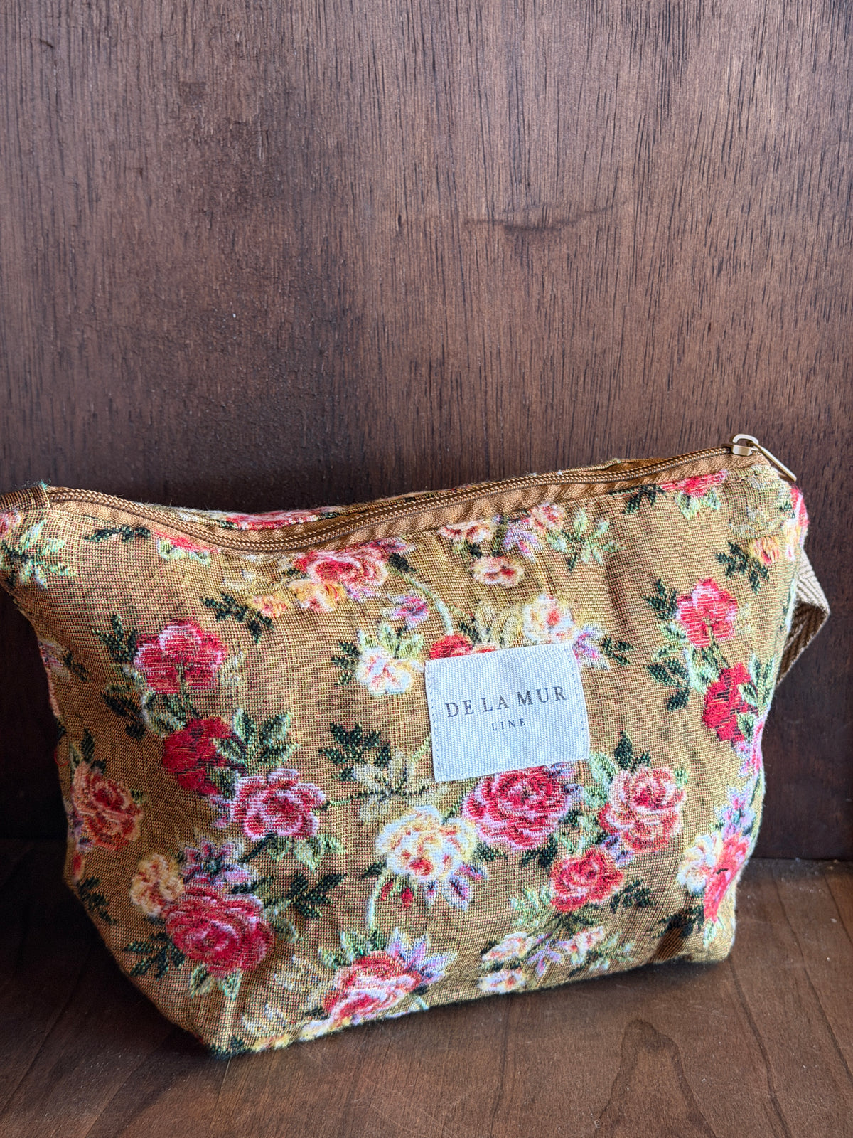 Small Makeup Bag - Floral Jacquard Mustard & Red