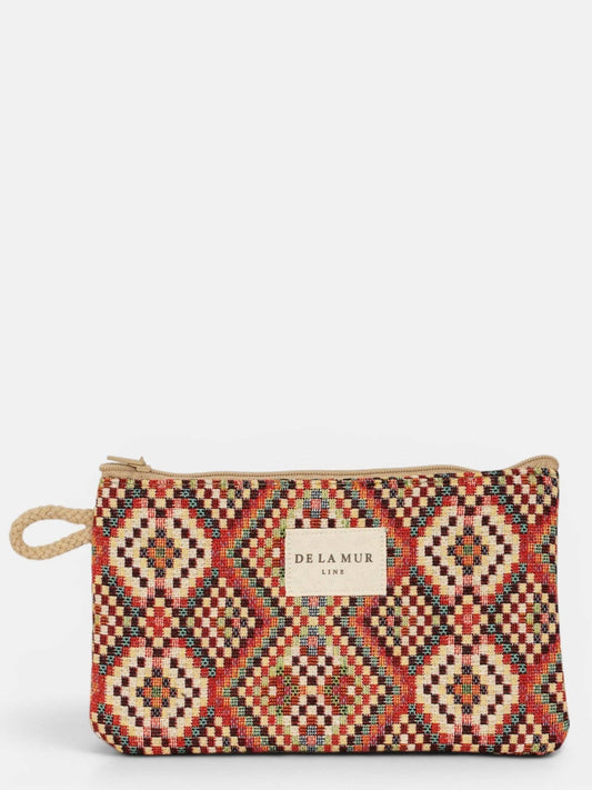 Small Makeup Bag / Coin Purse - Geometric Jacquard Red Multicolor