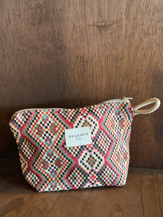 Small Makeup Bag - Geometric Jacquard Red Multicolor