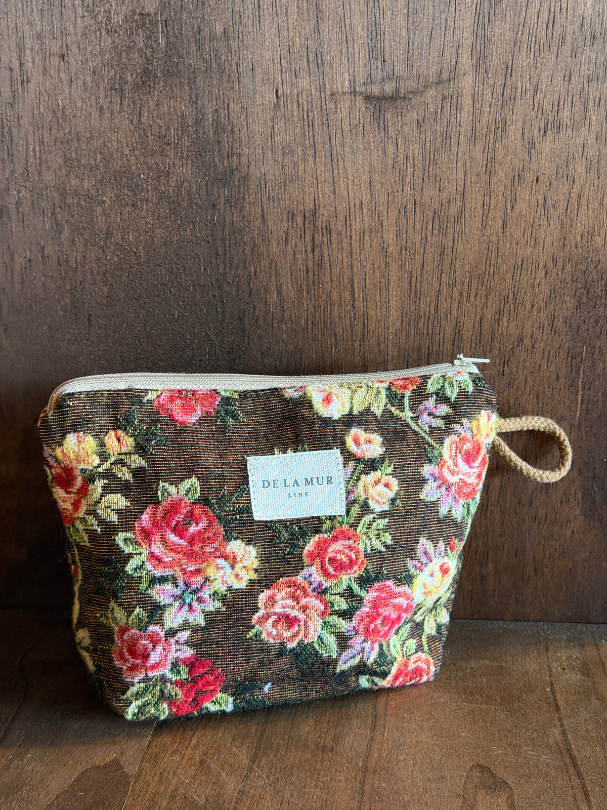 Small Makeup Bag - Floral Jacquard Brown & Red