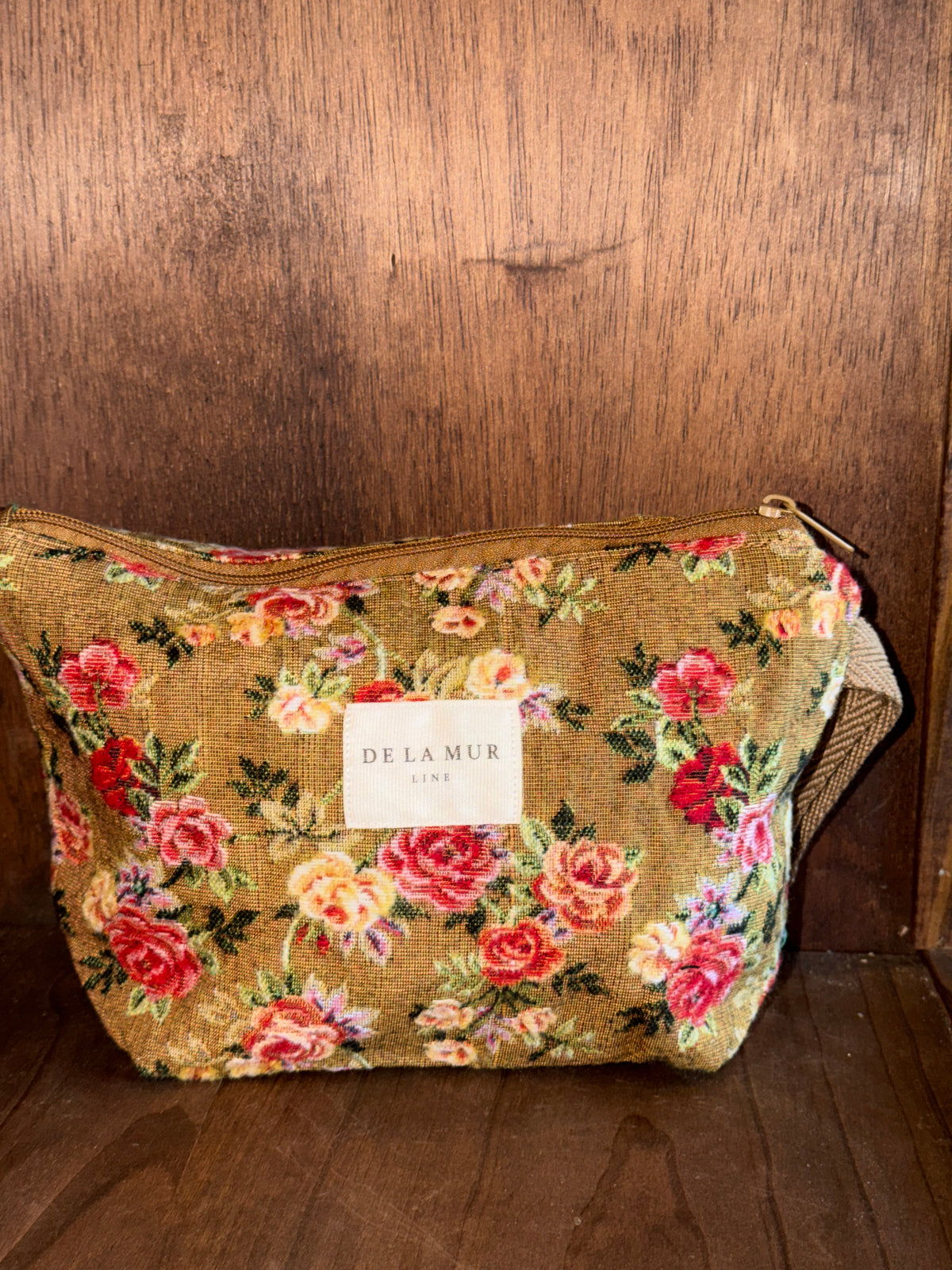 Large Makeup Bag - Floral Jacquard Mustard & Red