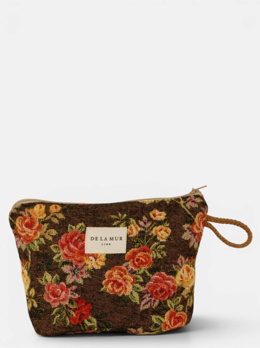 Small Makeup Bag - Floral Jacquard Brown & Red