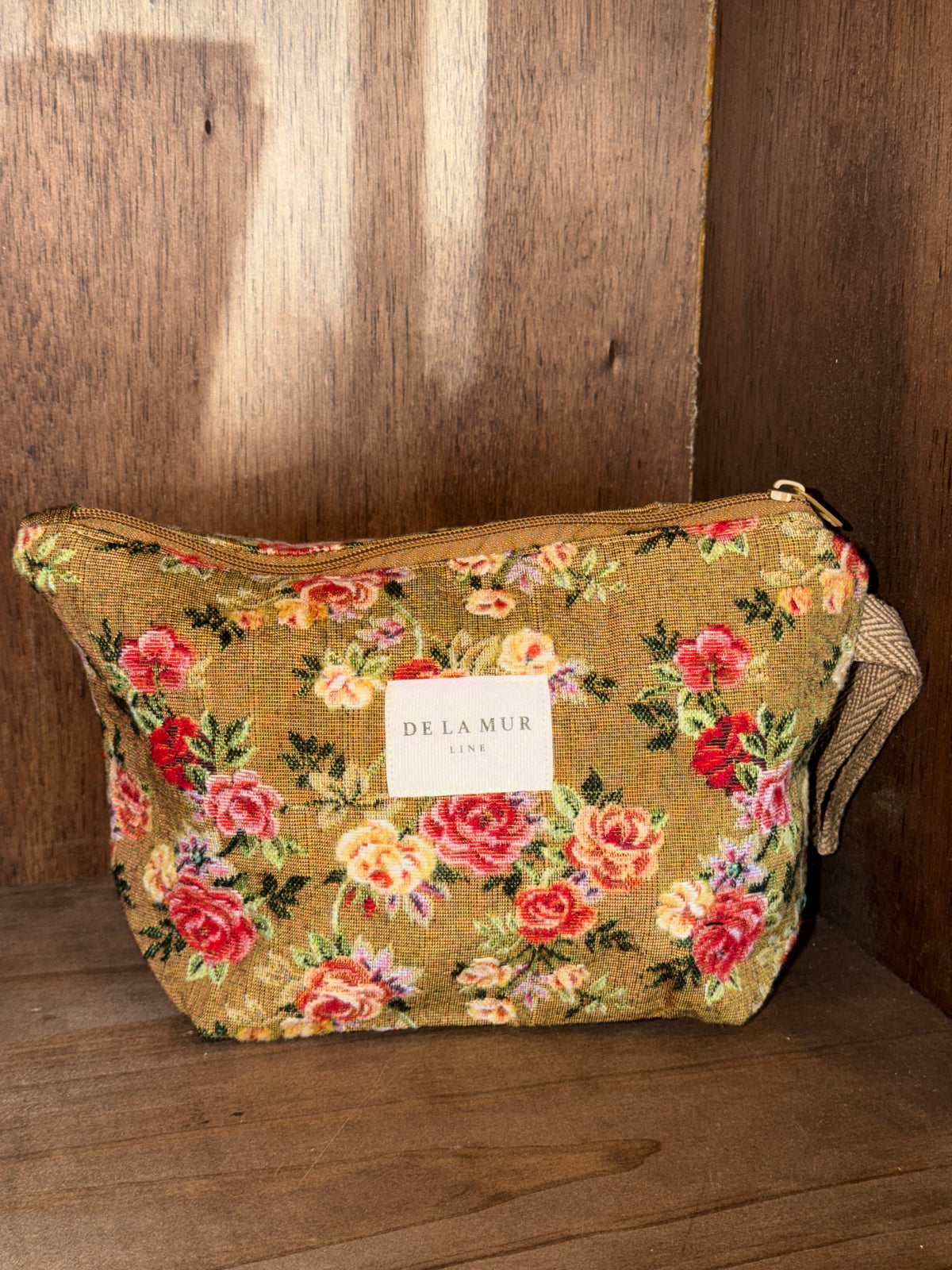 Large Makeup Bag - Floral Jacquard Mustard & Red