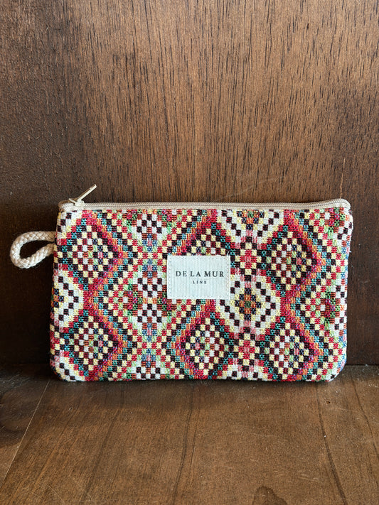 Small Makeup Bag / Coin Purse - Geometric Jacquard Red Multicolor