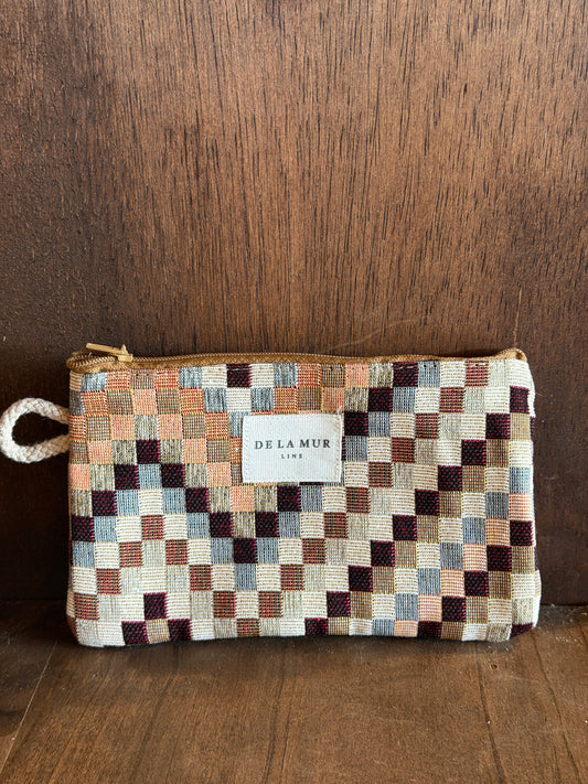 Small Makeup Bag / Coin Purse - Zigzag Jacquard Brown & Beige
