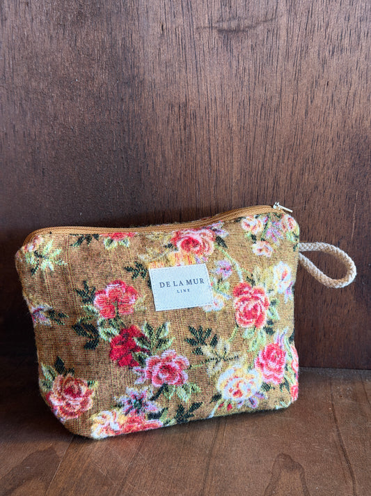 Small Makeup Bag - Floral Jacquard Mustard & Red