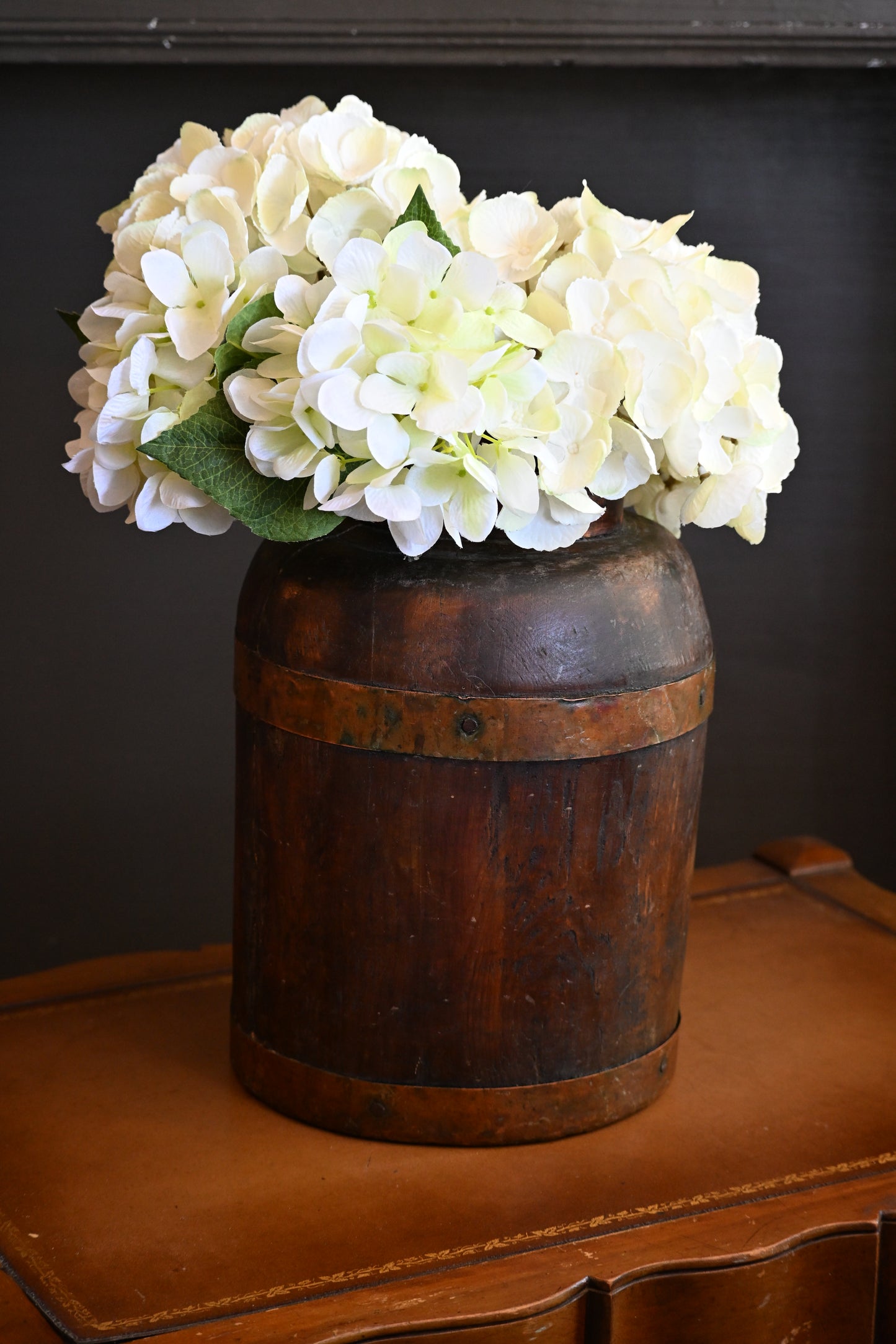 Large Wooden Barrel Vase with Copper Bands
