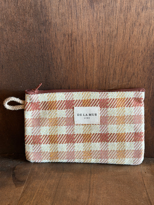 Small Makeup Bag / Coin Purse - Gingham Jacquard Terracotta & Orange