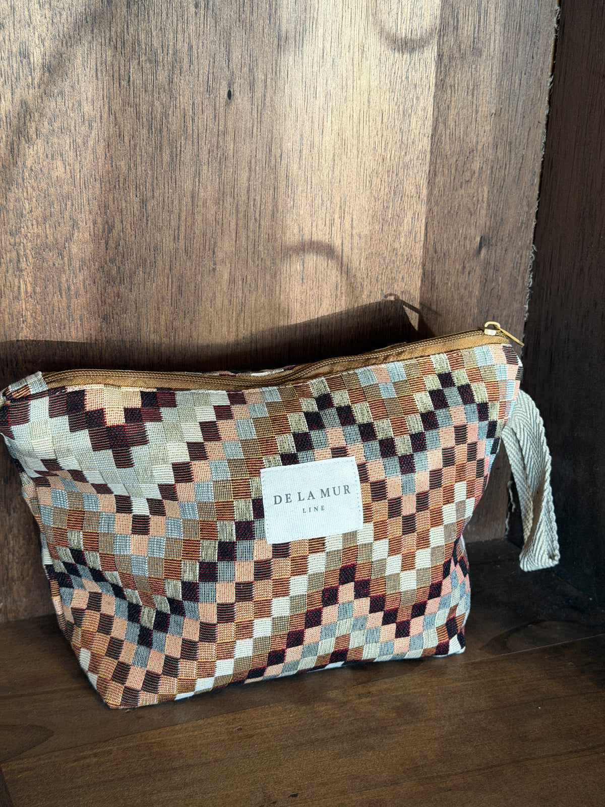Large Makeup Bag - Zigzag Jacquard Brown & Beige
