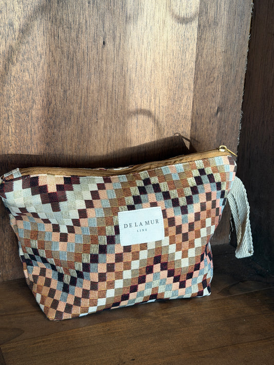 Large Makeup Bag - Zigzag Jacquard Brown & Beige