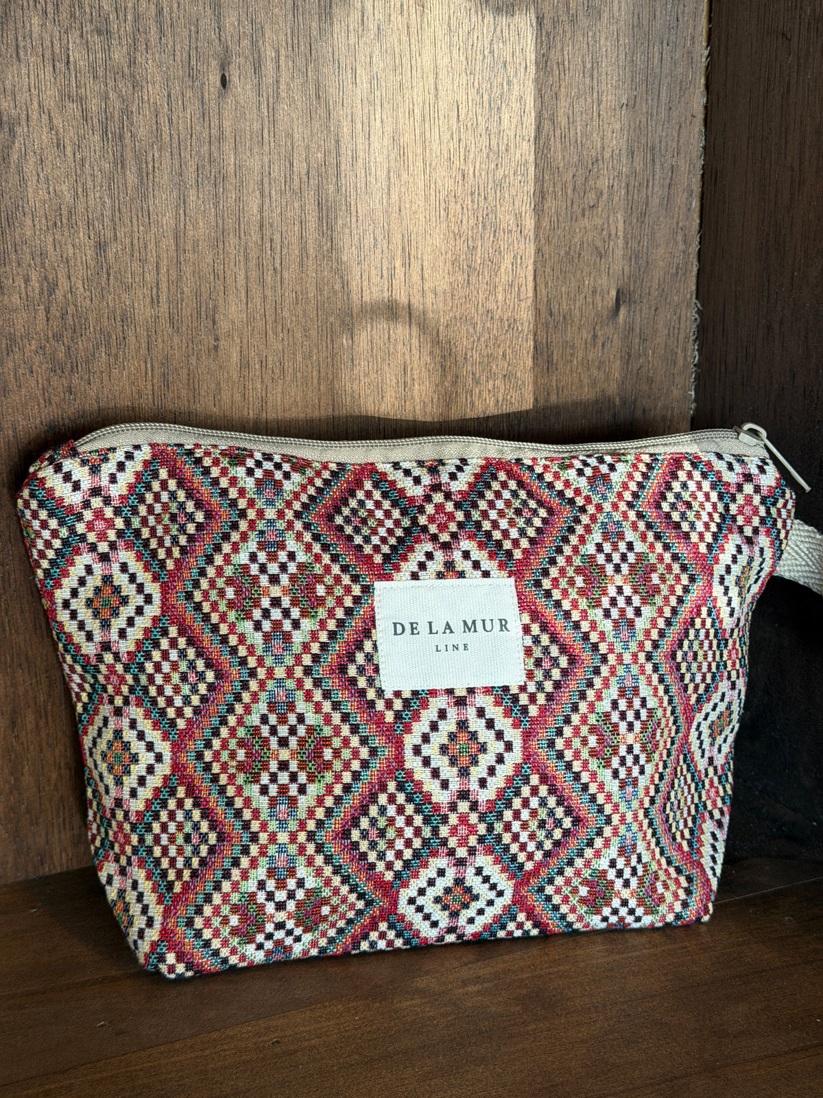 Large Makeup Bag - Geometric Jacquard Red Multicolor