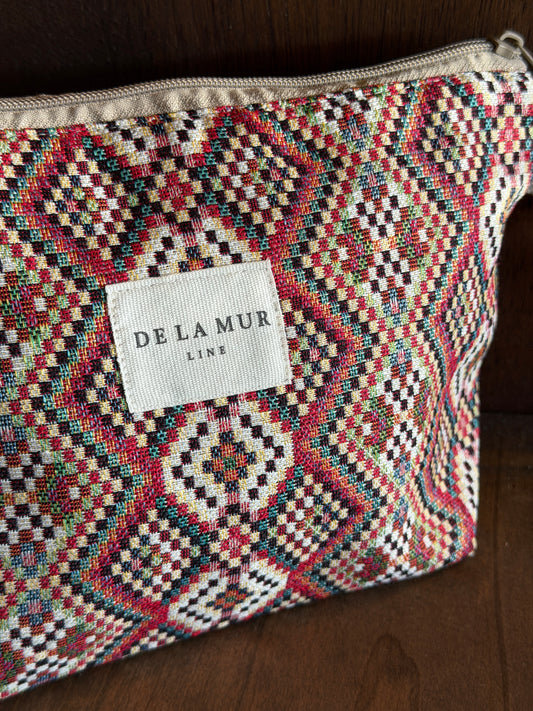 Large Makeup Bag - Geometric Jacquard Red Multicolor