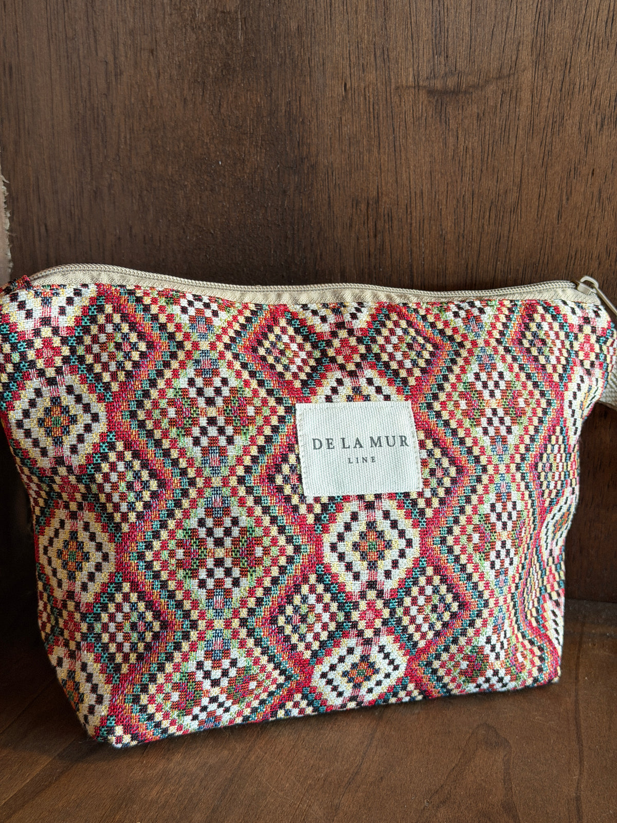 Large Makeup Bag - Geometric Jacquard Red Multicolor