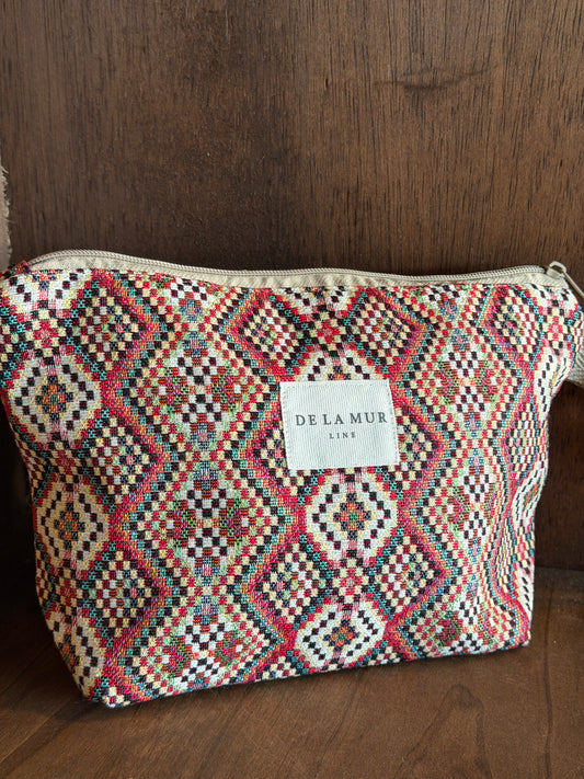 Large Makeup Bag - Geometric Jacquard Red Multicolor