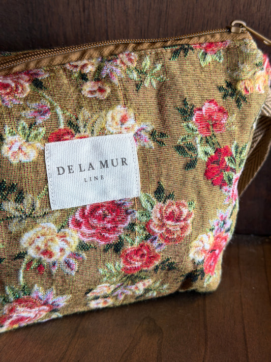 Large Makeup Bag - Floral Jacquard Mustard & Red