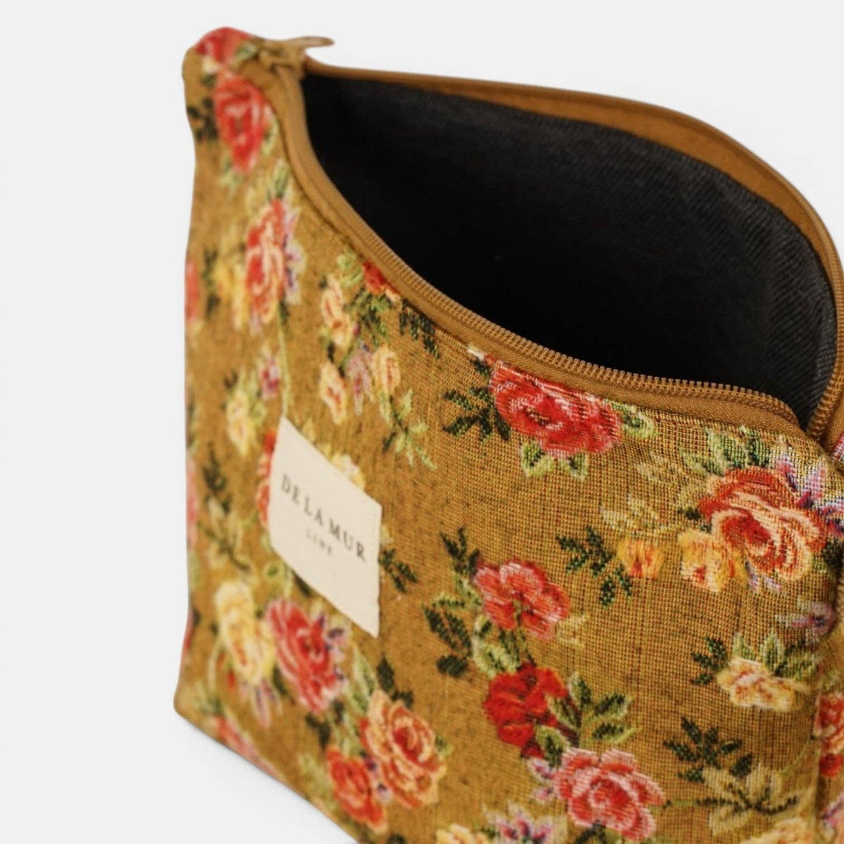 Large Makeup Bag - Floral Jacquard Mustard & Red